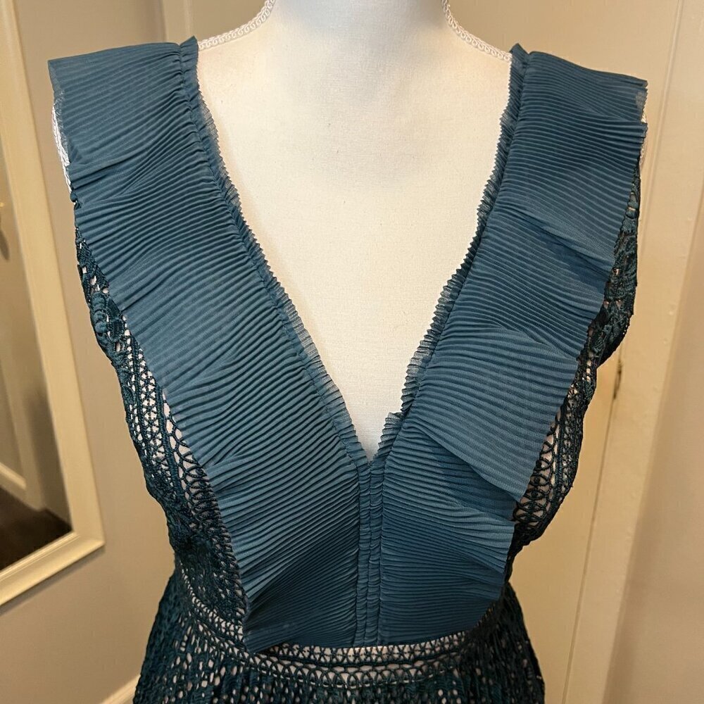 French Connection Teal Orabelle Lace Fit & Flare Ruffle Midi Dress, Size 6 - Picture 5 of 16